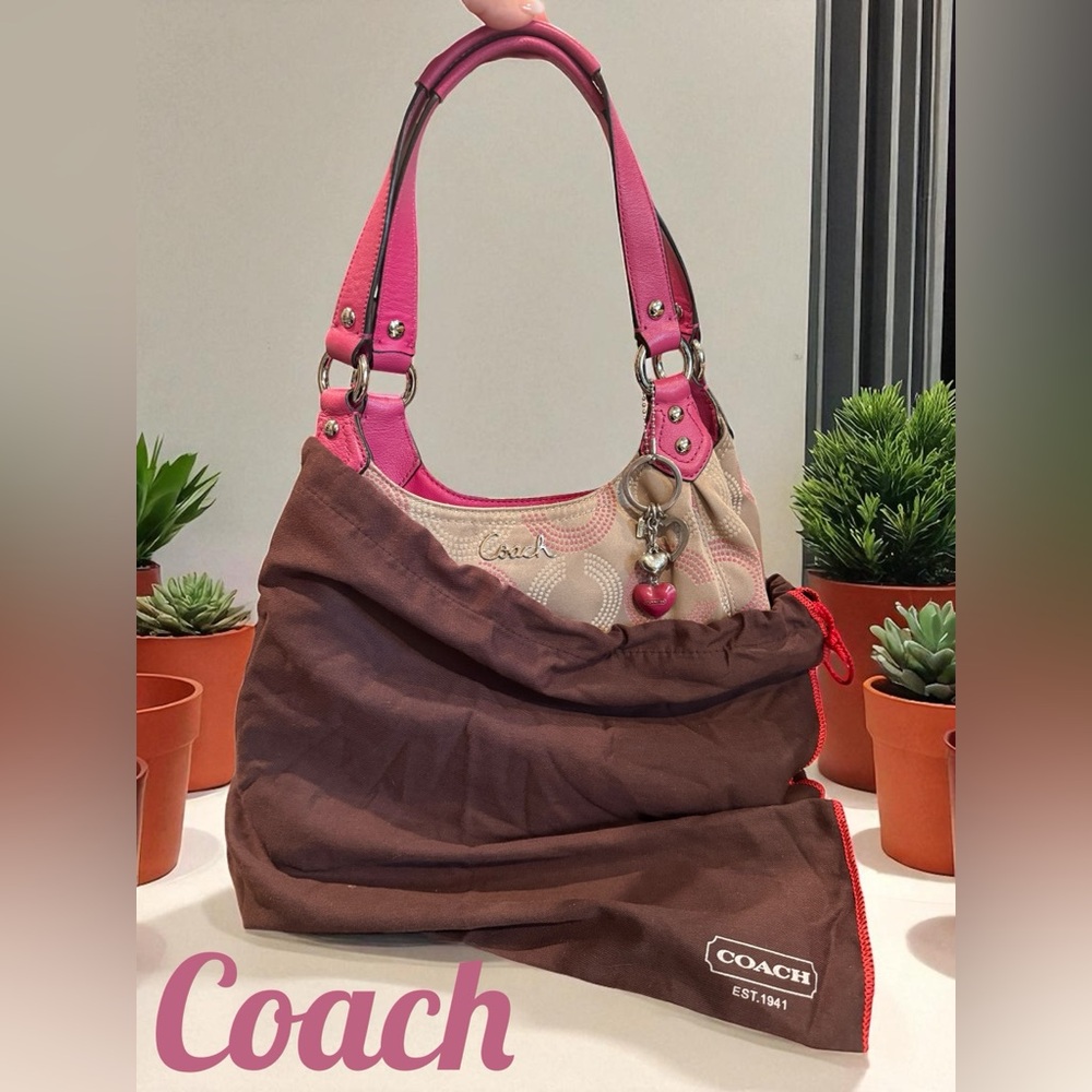 Coach F21920 Op Art Dotted Ashley Hobo Shoulder Bag Khaki Pink Branded Keychain - Picture 2 of 16